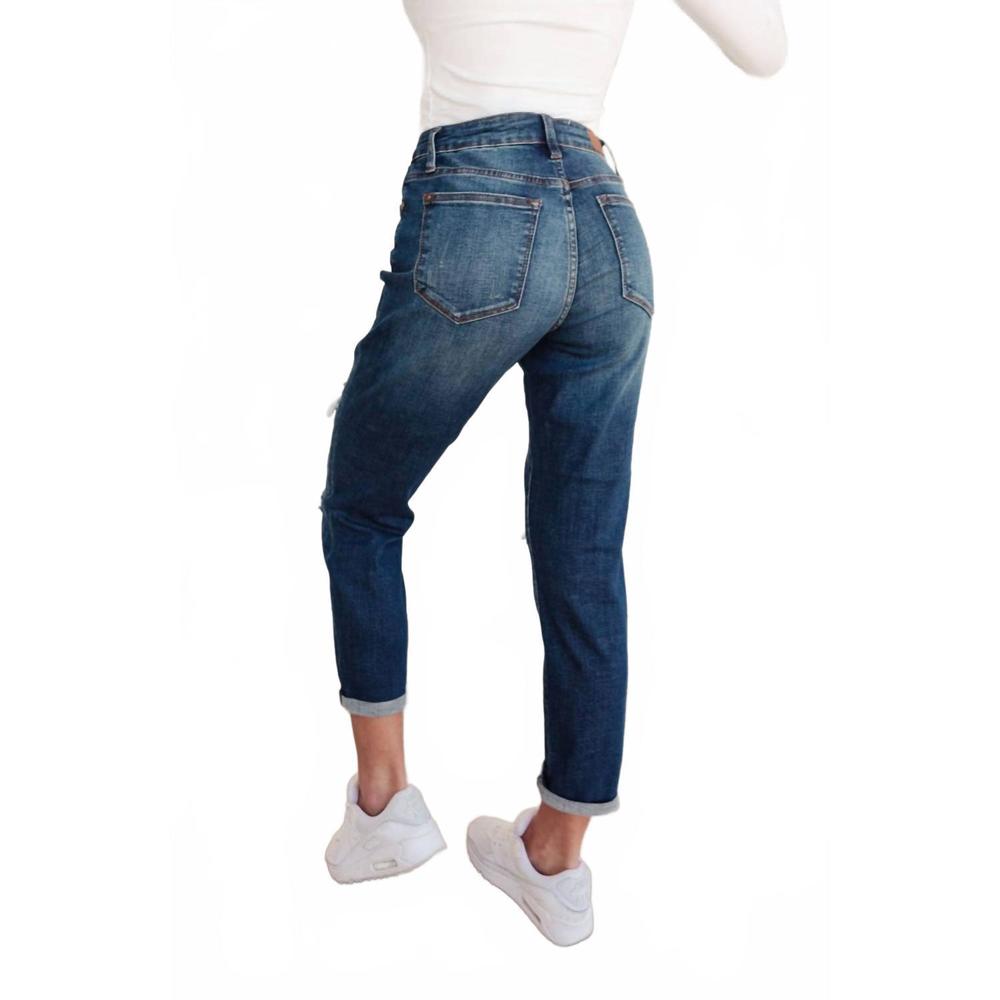 NEW JUDY BLUE mid rise thermal boyfriend distressed jeans in blue - Picture 2 of 3